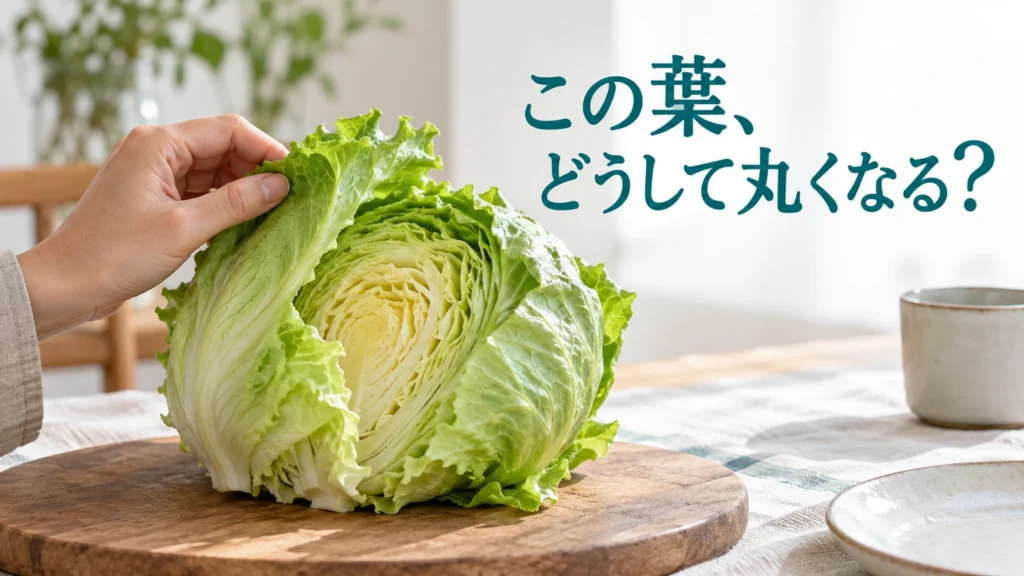 レタスの葉がなぜ丸く巻いて一玉になるのかを問いかける編集写真
