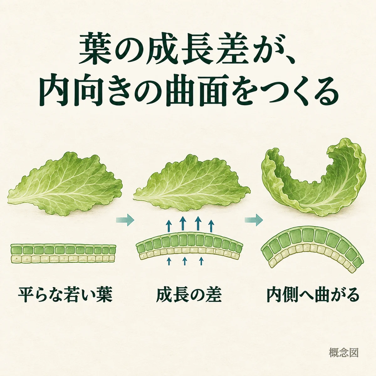 葉の両側の成長差が平らな葉を内向きの曲面に変える概念図