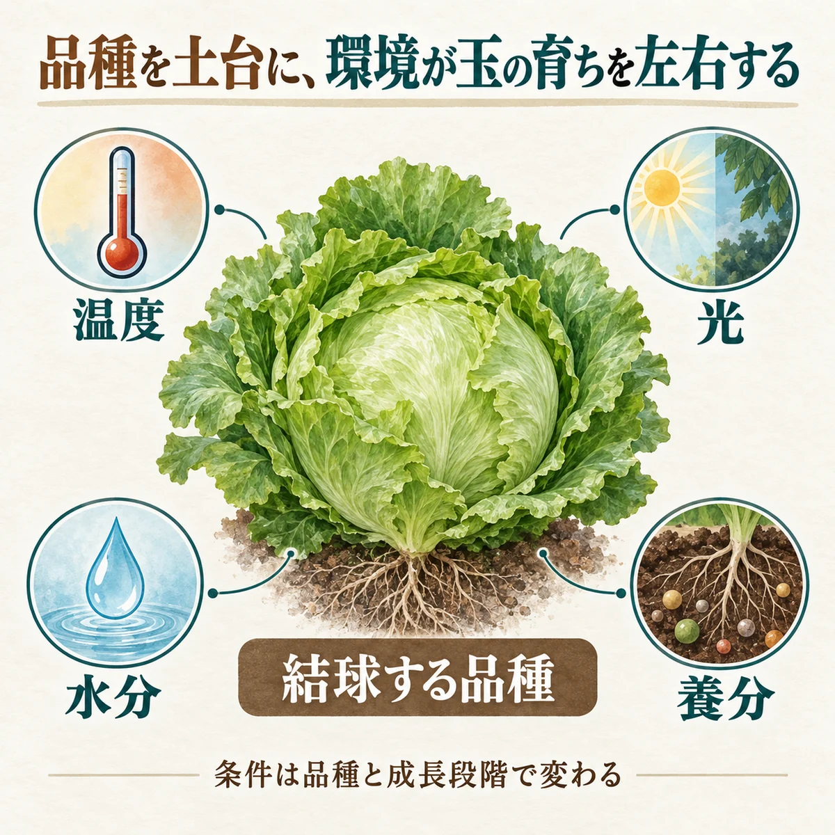 品種を土台に、温度・光・水分・養分が玉の育ちへ影響する図