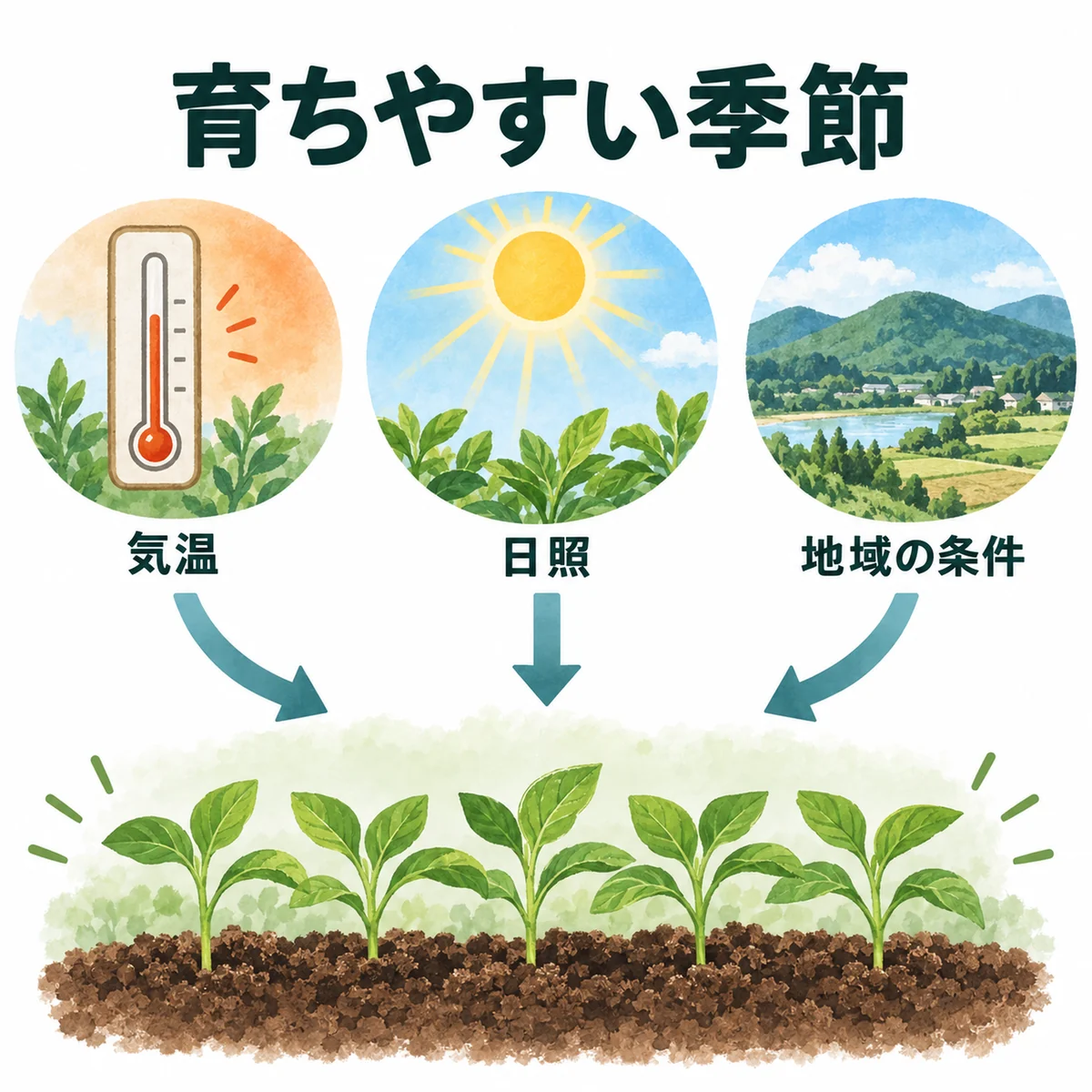気温、日照、地域の条件が合うと生育がそろう図
