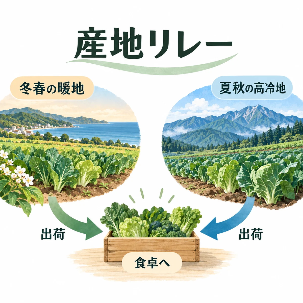 冬春の暖地と夏秋の高冷地が供給をつなぐ図
