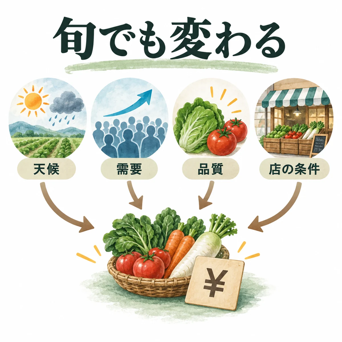 天候、需要、品質、店の条件で価格が変わる統合図