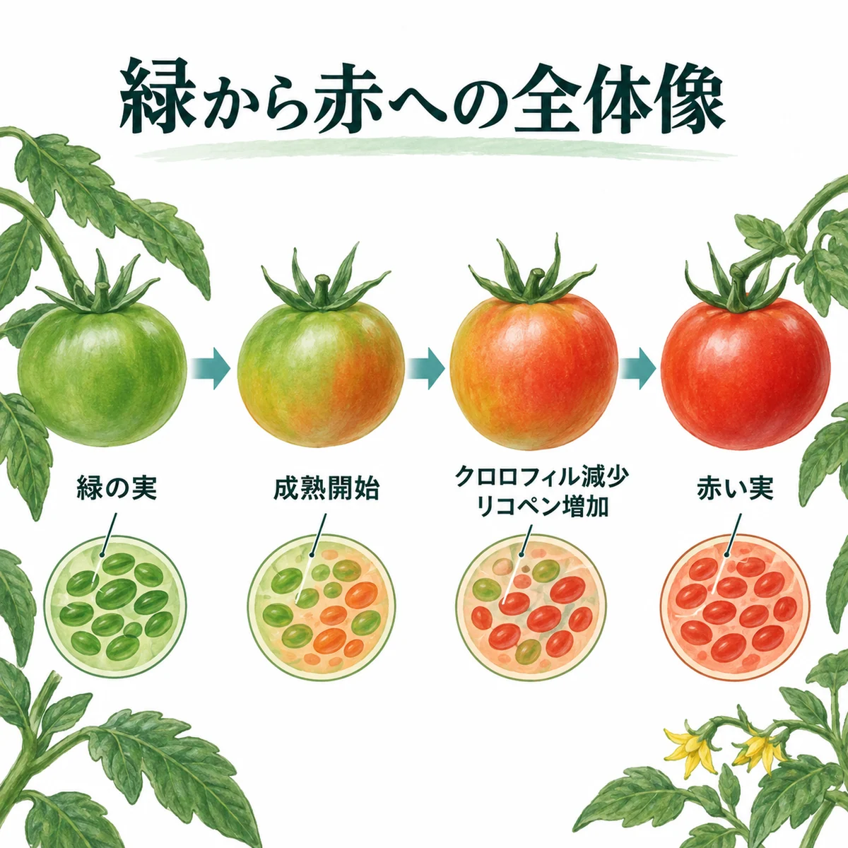 緑の実、成熟開始、クロロフィル減少、リコペン増加、赤い実