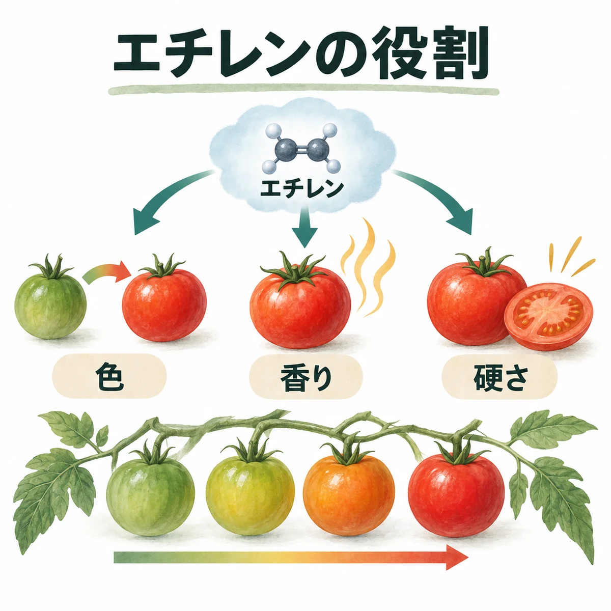 エチレンが色、香り、硬さの成熟反応を進める図