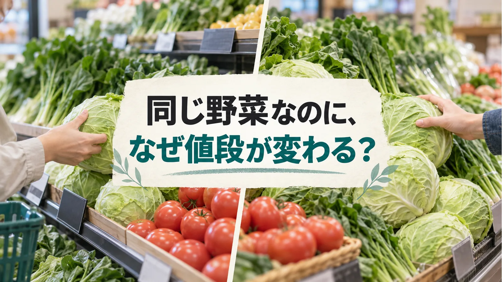 スーパーの同じ野菜を前に、なぜ値段が変わるのかと問いかける編集画像