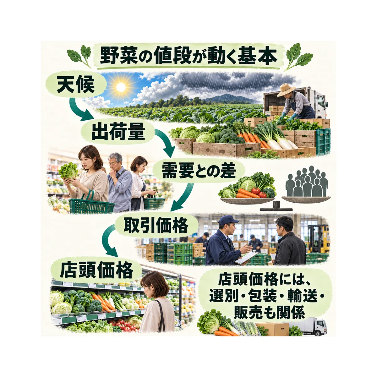 天候、出荷量、需要との差、取引価格、店頭価格を順に示す全体図