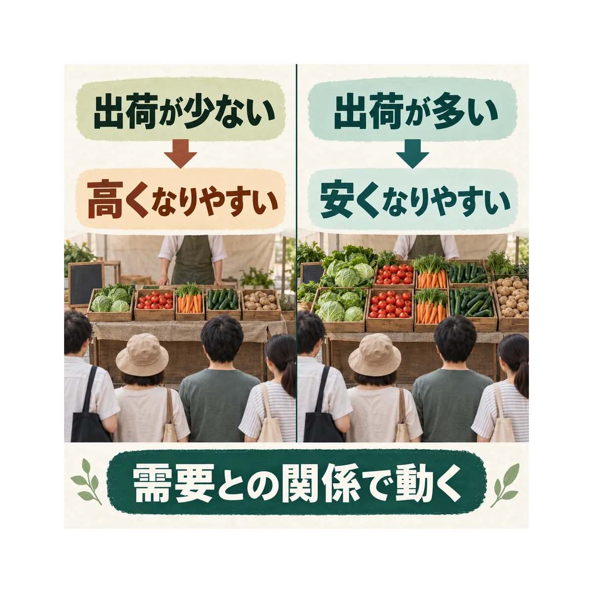 出荷が少ない場合と多い場合の価格傾向を比較する図