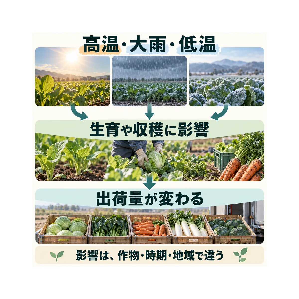 高温、大雨、低温が生育や収穫を通じて出荷量へ影響する図