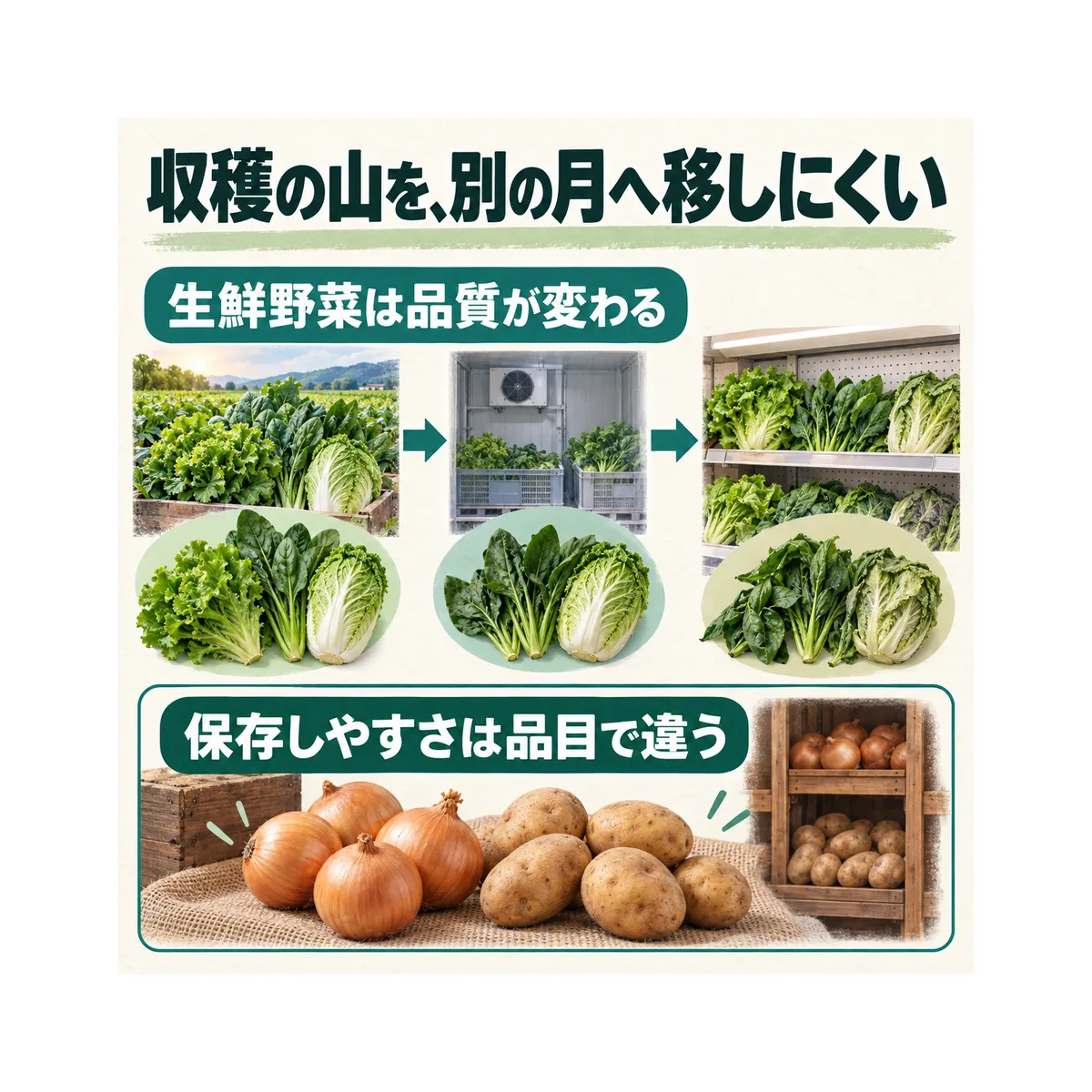 葉物野菜と貯蔵しやすい野菜を比べ、保存性の違いを示す図