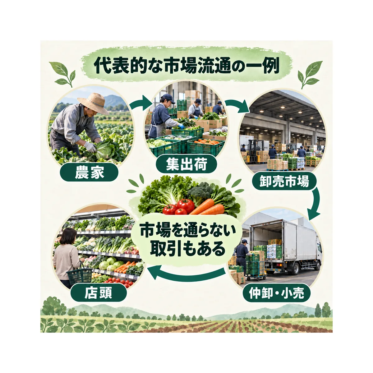 農家から集出荷、卸売市場、仲卸・小売、店頭へ進む代表的な流れ