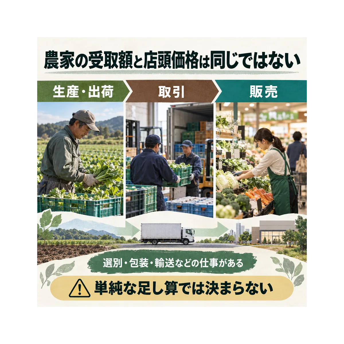 生産・出荷、取引、販売をつなぎ、農家の受取額と店頭価格の違いを示す図