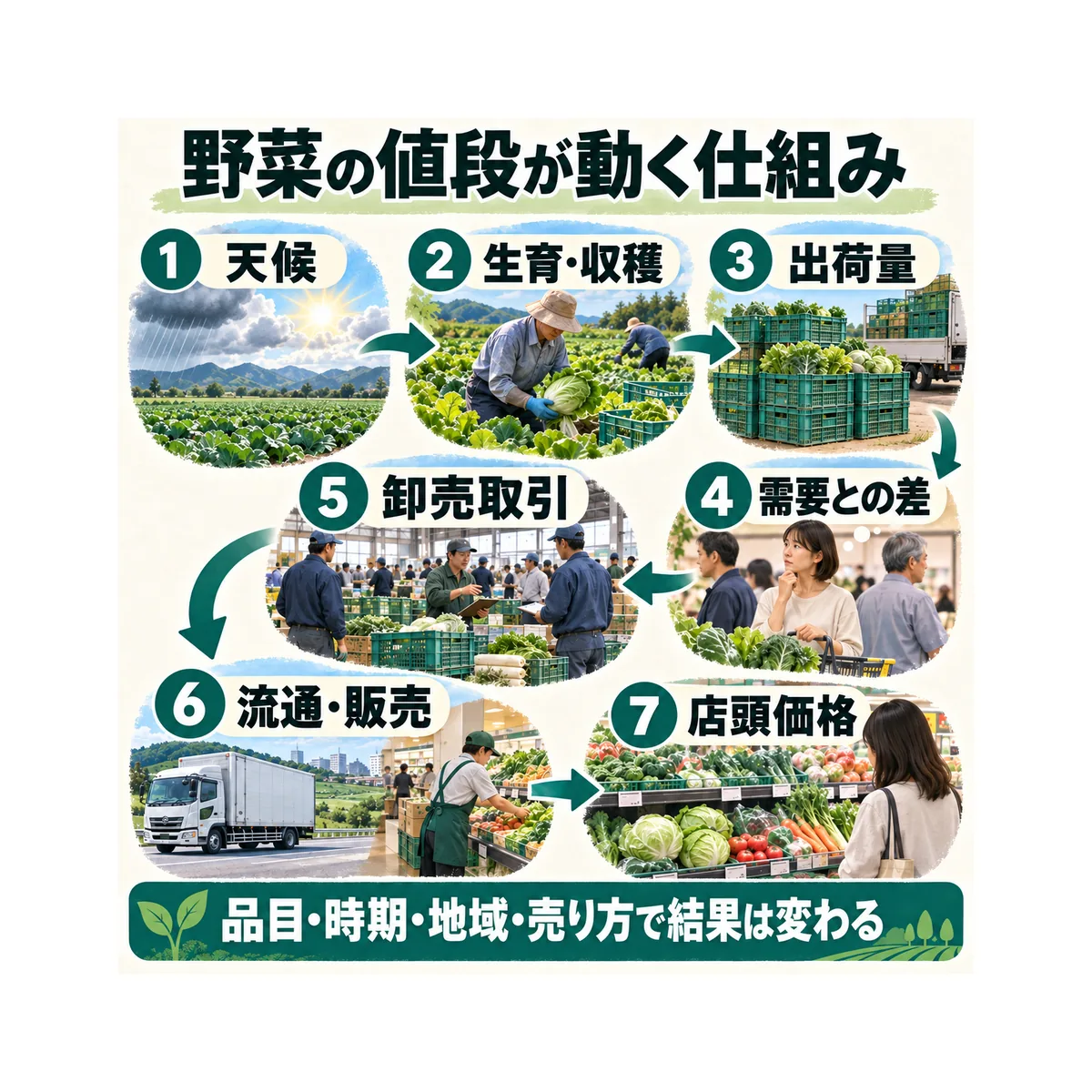 天候から店頭価格までの七段階と、結果が条件で変わることをまとめた図