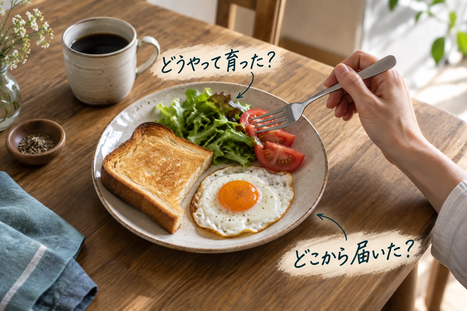 朝食を前にフォークを止め、食べものがどう育ち、どこから届いたかを考える人の手元