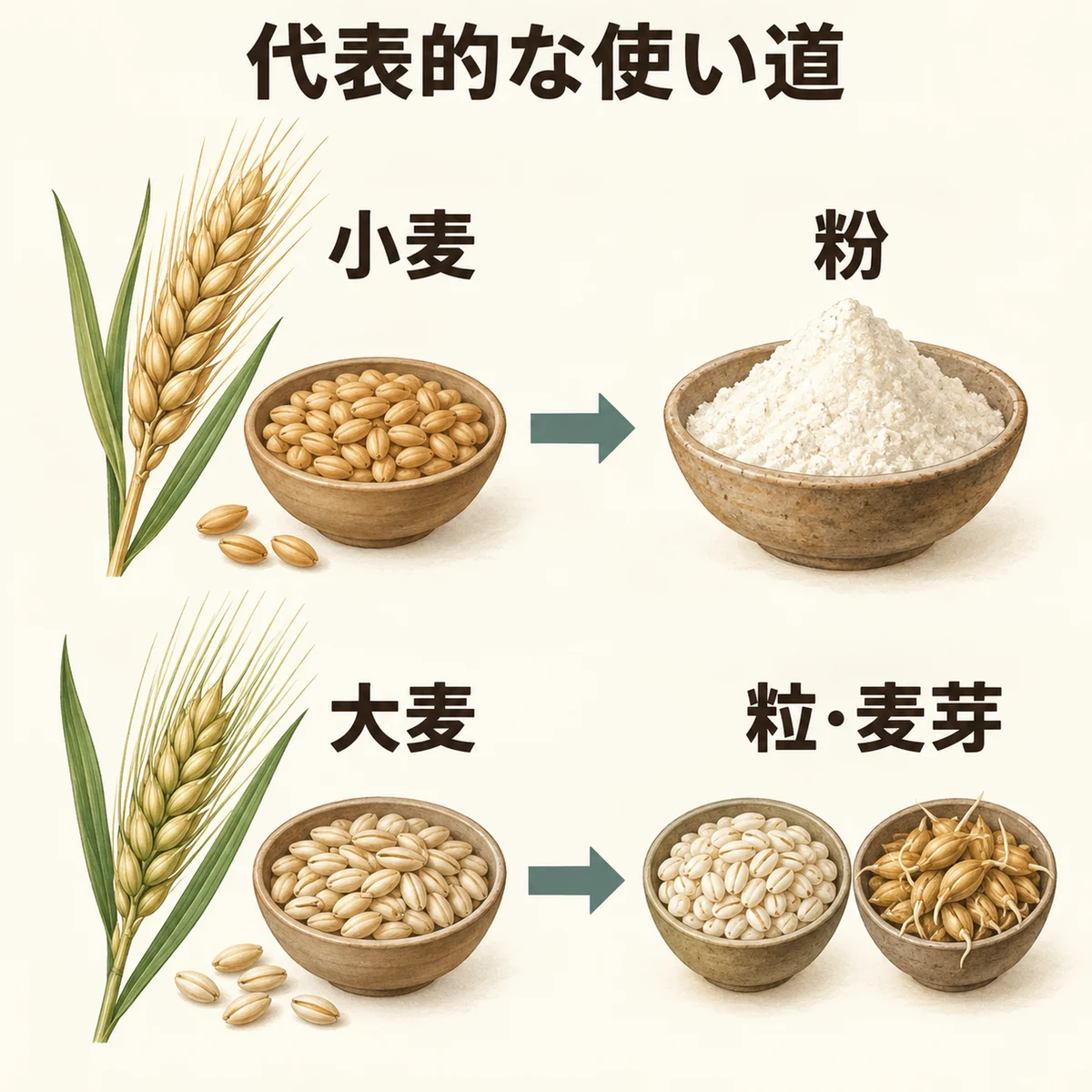 小麦から粉、大麦から粒や麦芽という代表的な利用を二つの矢印で示す図