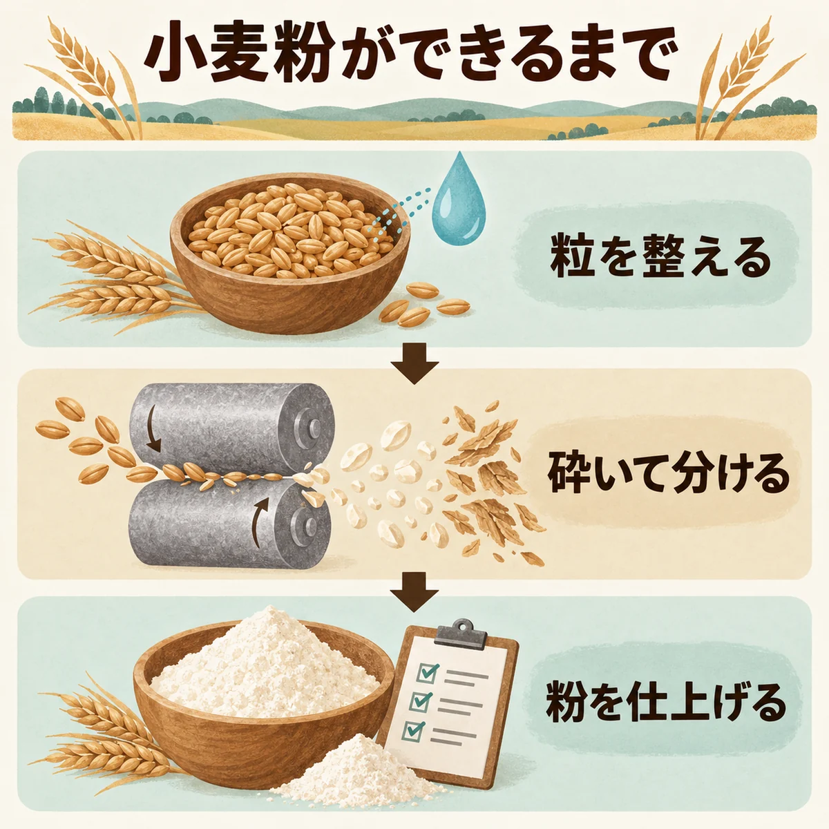 粒を整える、砕いて分ける、粉を仕上げる順の三段階図