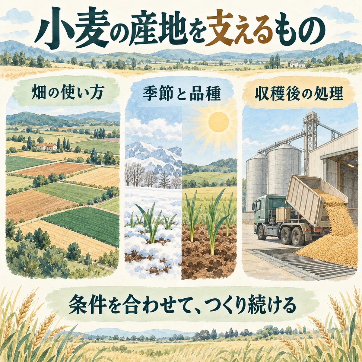 畑の使い方、季節と品種、収穫後の処理を並べた三条件の図