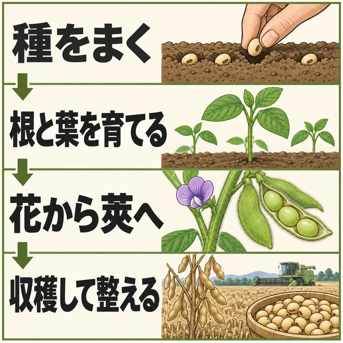 種まき、根と葉の生育、花と莢、収穫後の仕事を上から下へ示した図
