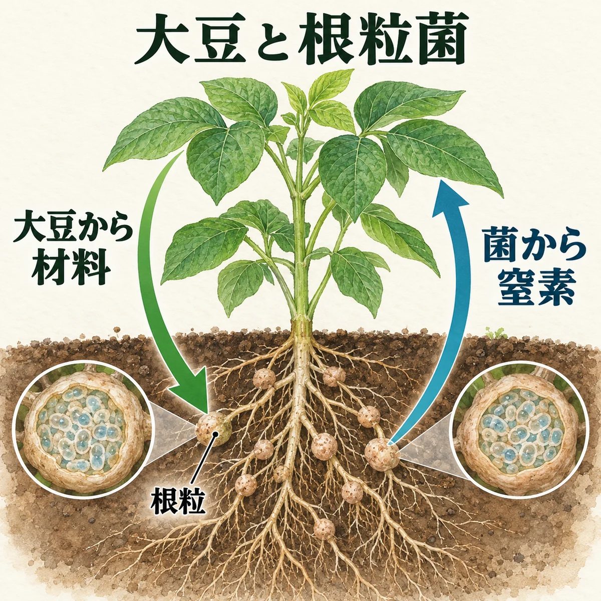 大豆の葉から根粒へ光合成で作った材料を送り、根粒から大豆へ使える形の窒素を渡す関係