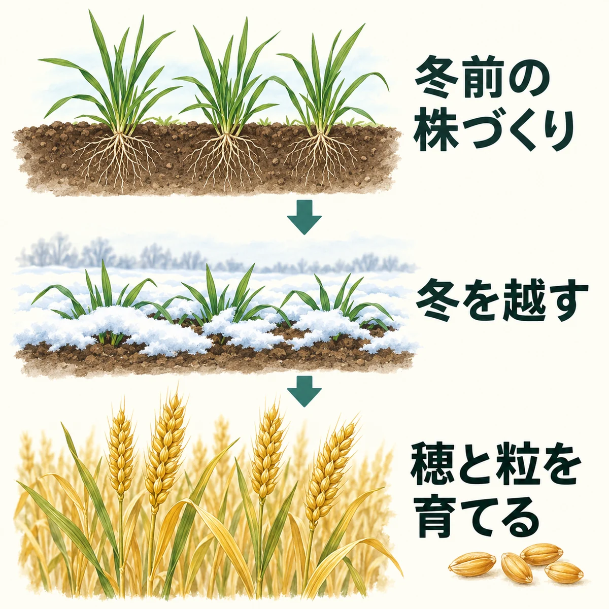 冬前の緑の株、雪の中の越冬、穂と粒の生育を下向き矢印で示した三場面