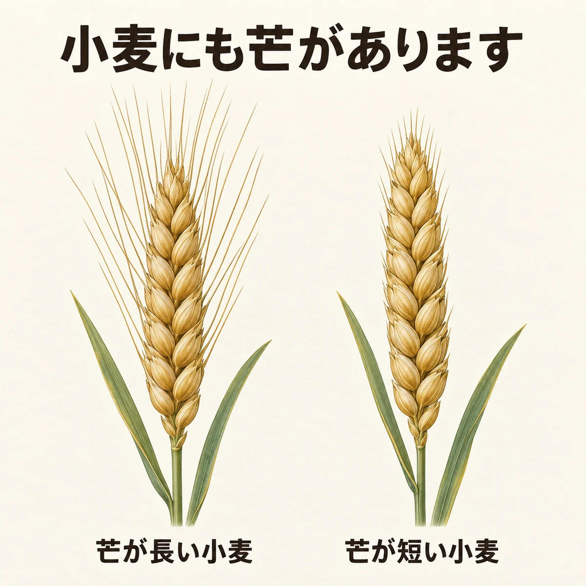 長い芒と短い芒を持つ小麦の穂の模式例を並べた図