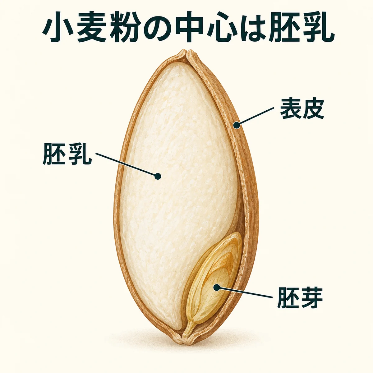 小麦粒の内側の胚乳、外側の表皮、端の胚芽を示す模式図