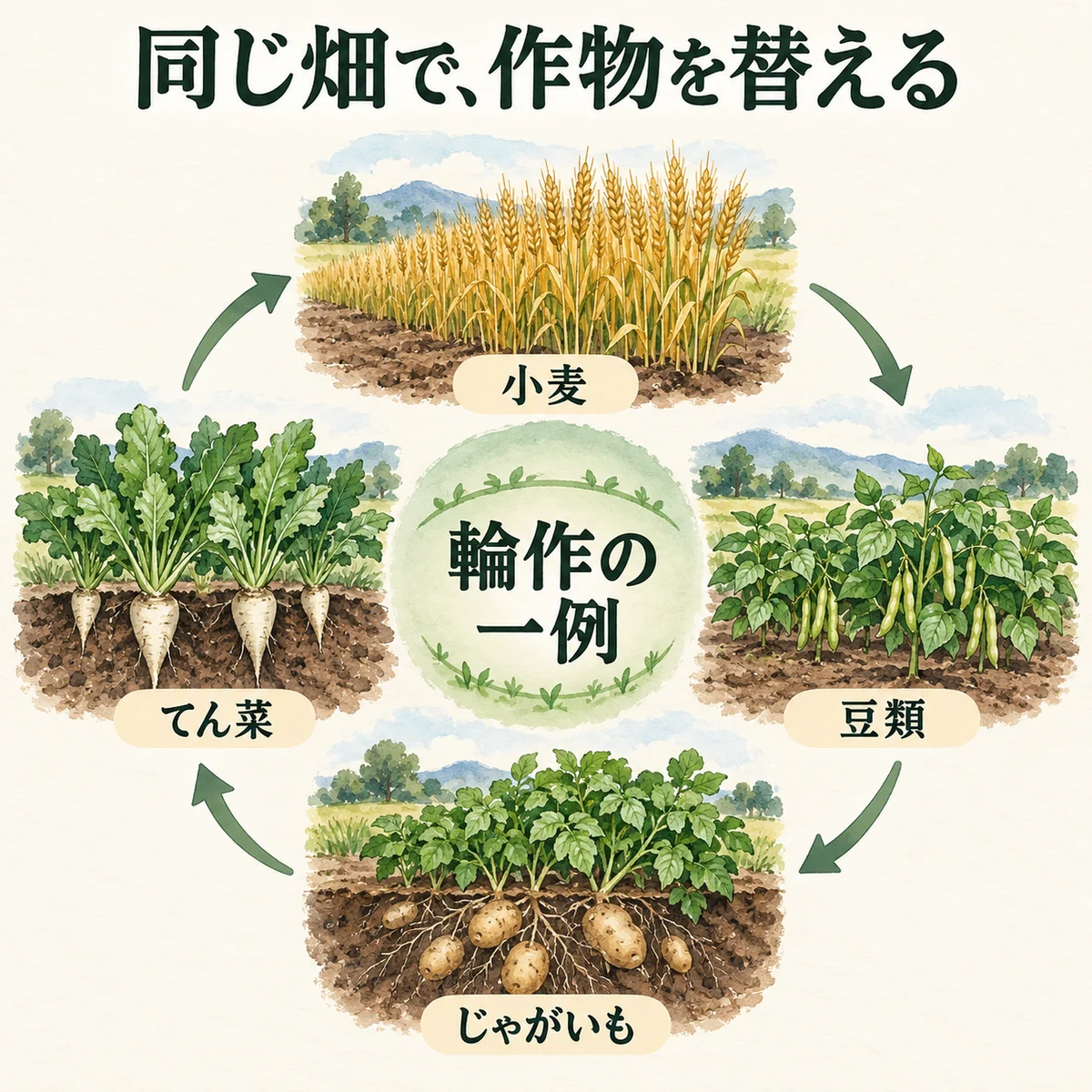 小麦、豆類、じゃがいも、てん菜を時計回りに替える輪作の一例