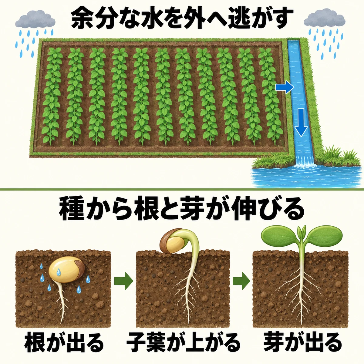 畑から溝へ水を逃がす平面図と、根、持ち上がる子葉、地上の芽の順を示した断面図
