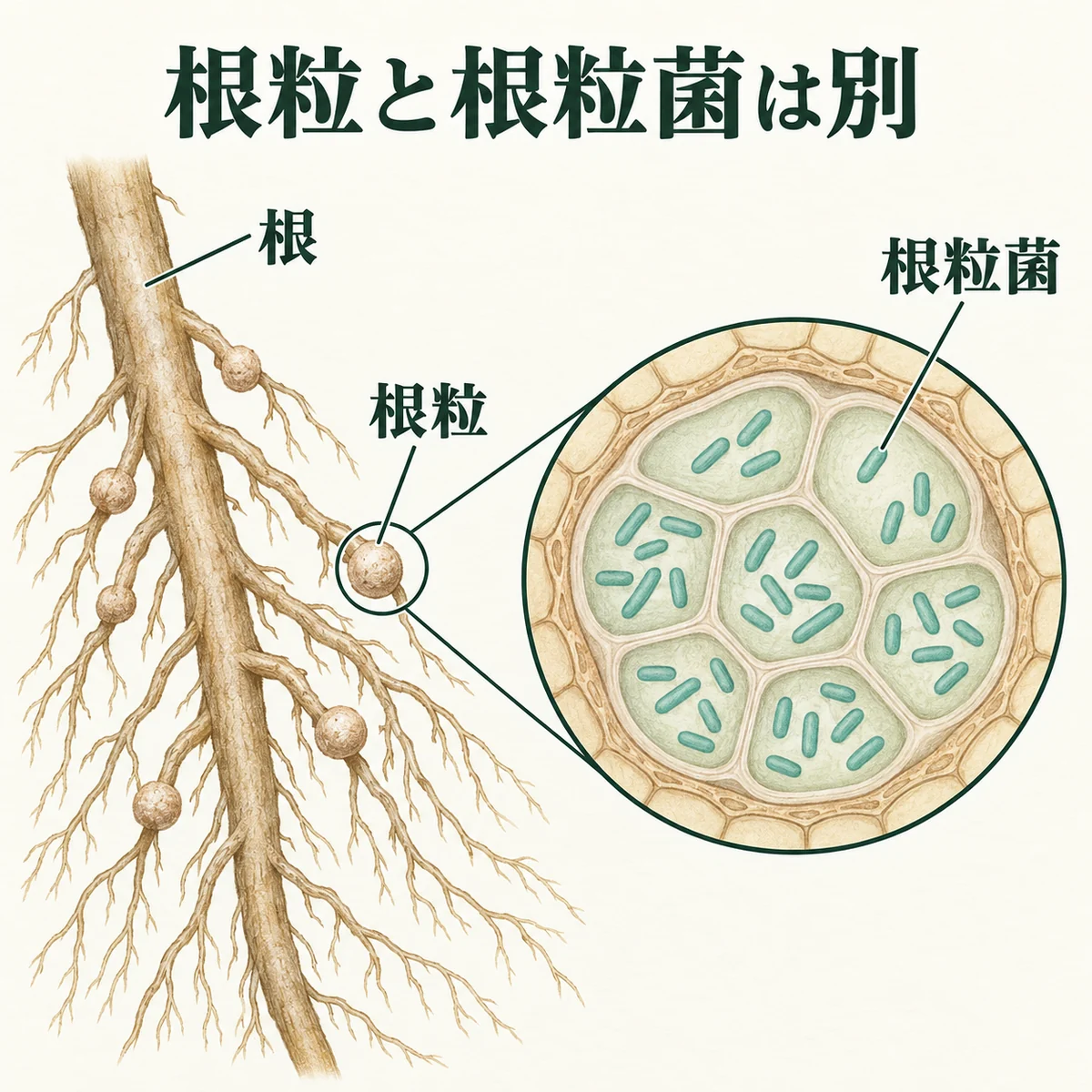 大豆の根につく根粒を拡大し、根粒の中に植物の細胞と小さな根粒菌があることを区別した図