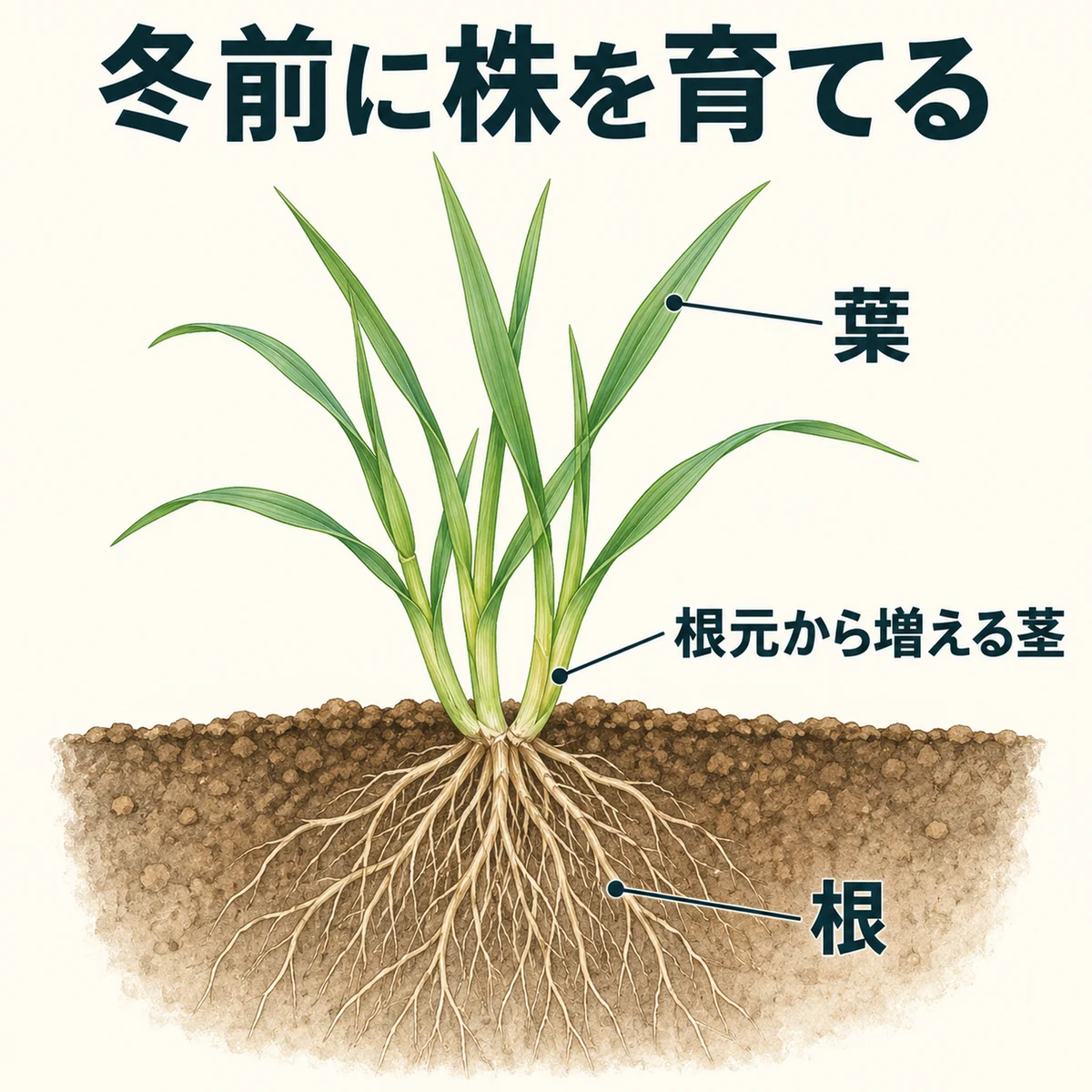 若い小麦の葉、根、根元から増える茎を指し示す模式図