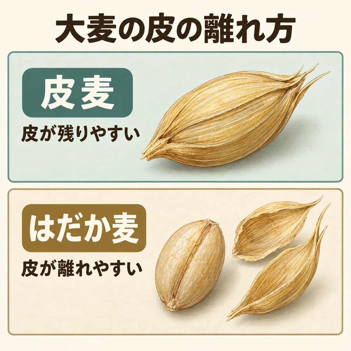 皮麦の包まれた粒と、はだか麦の粒から外れた穀皮の模式図