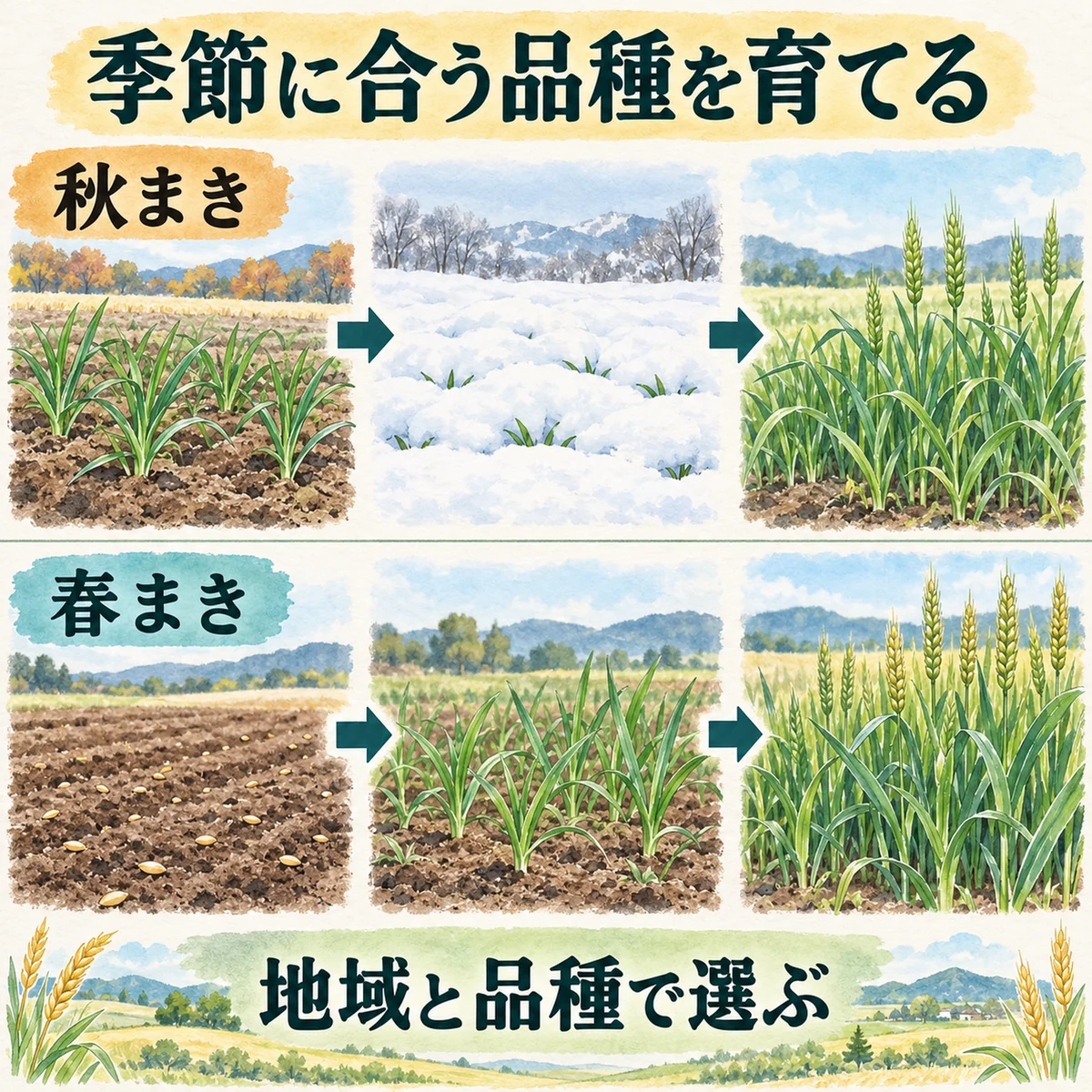 秋まきの幼植物が冬を越し、春まきは春から育つ二つの経路