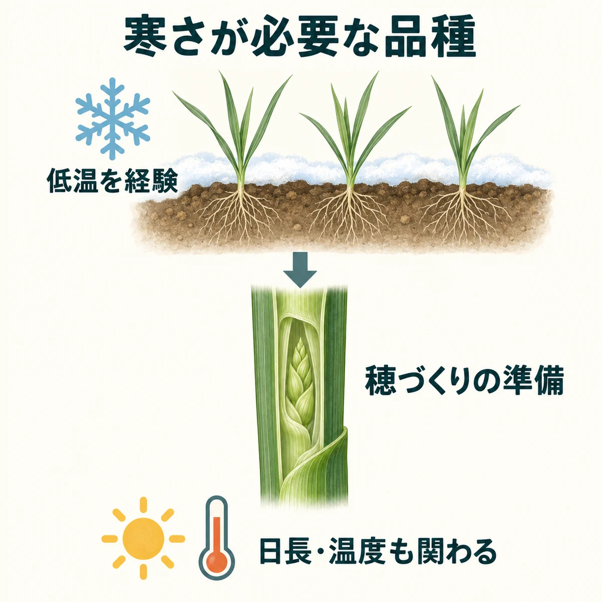 寒さが必要な品種で低温経験が茎の中の幼穂の準備に関わり日長と温度も関わる模式図