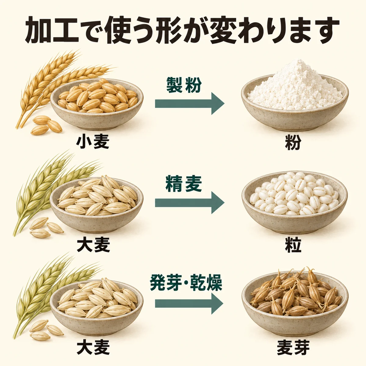 小麦の製粉、大麦の精麦、大麦の発芽と乾燥を三つの独立した経路で示す図