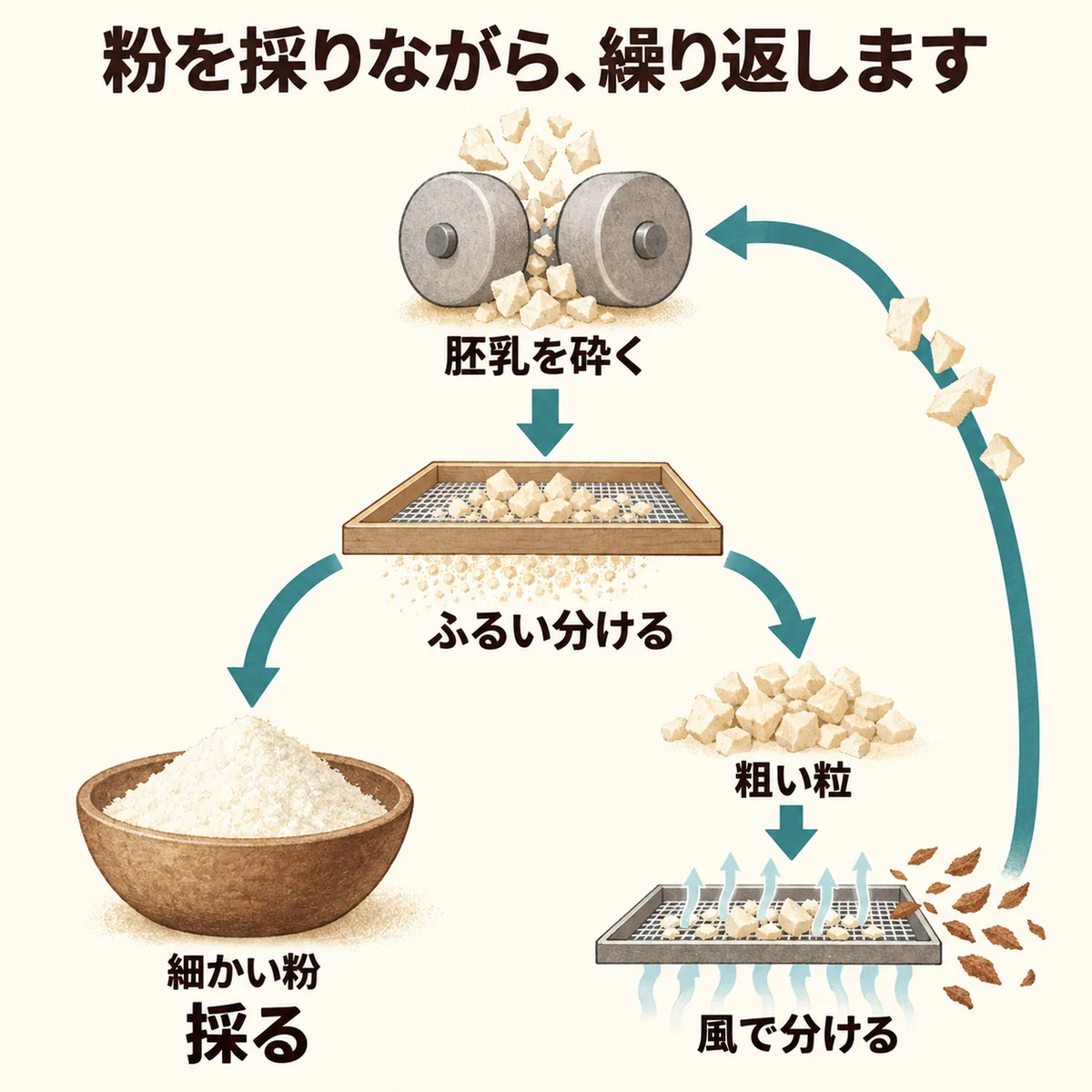 ふるいで細かい粉を採り粗い粒は風で分離してロールへ戻す概念図