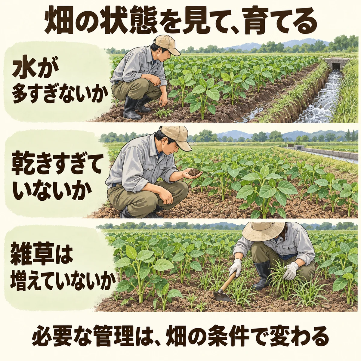 水が多すぎないか、乾きすぎないか、雑草が増えていないかを生産者が見る三つの場面