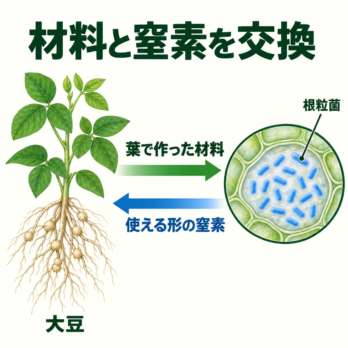 大豆の葉から根粒へ送る材料と、根粒菌から大豆へ渡す窒素を、向きの異なる二つの矢印で示した図