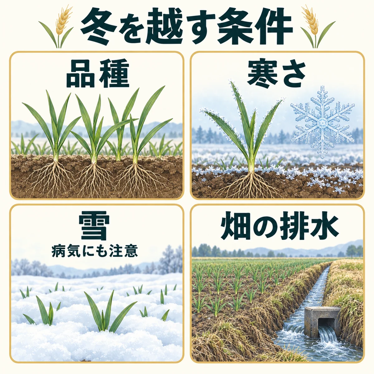 品種、寒さ、雪と病気への注意、畑から余分な水を逃がす排水を分けた図