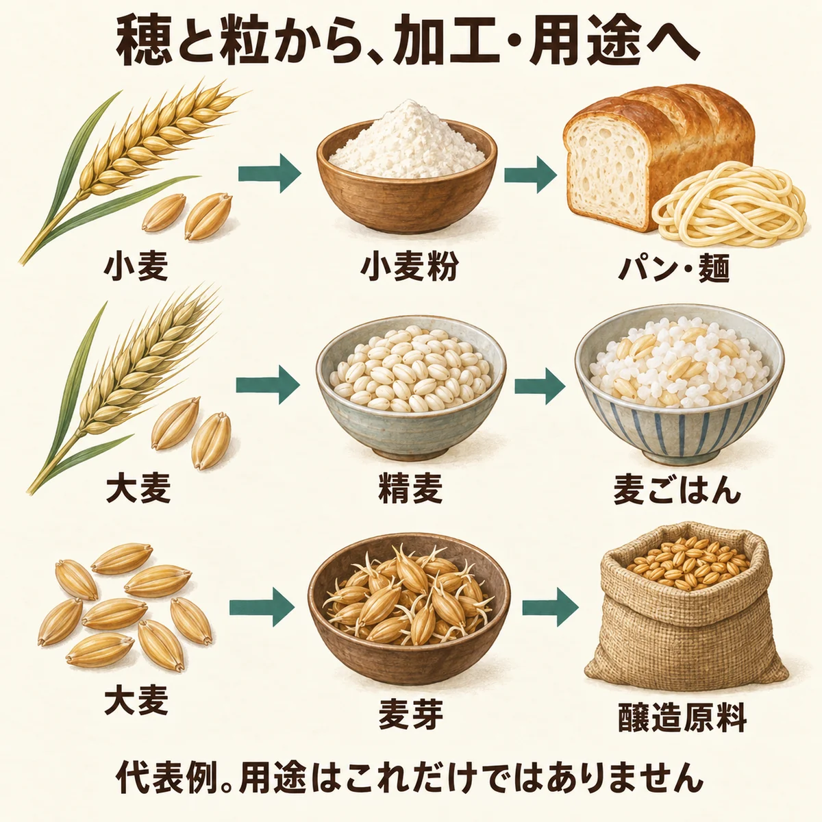 小麦から小麦粉とパンや麺、大麦から精麦と麦ごはん、大麦から麦芽と醸造原料へ進む図