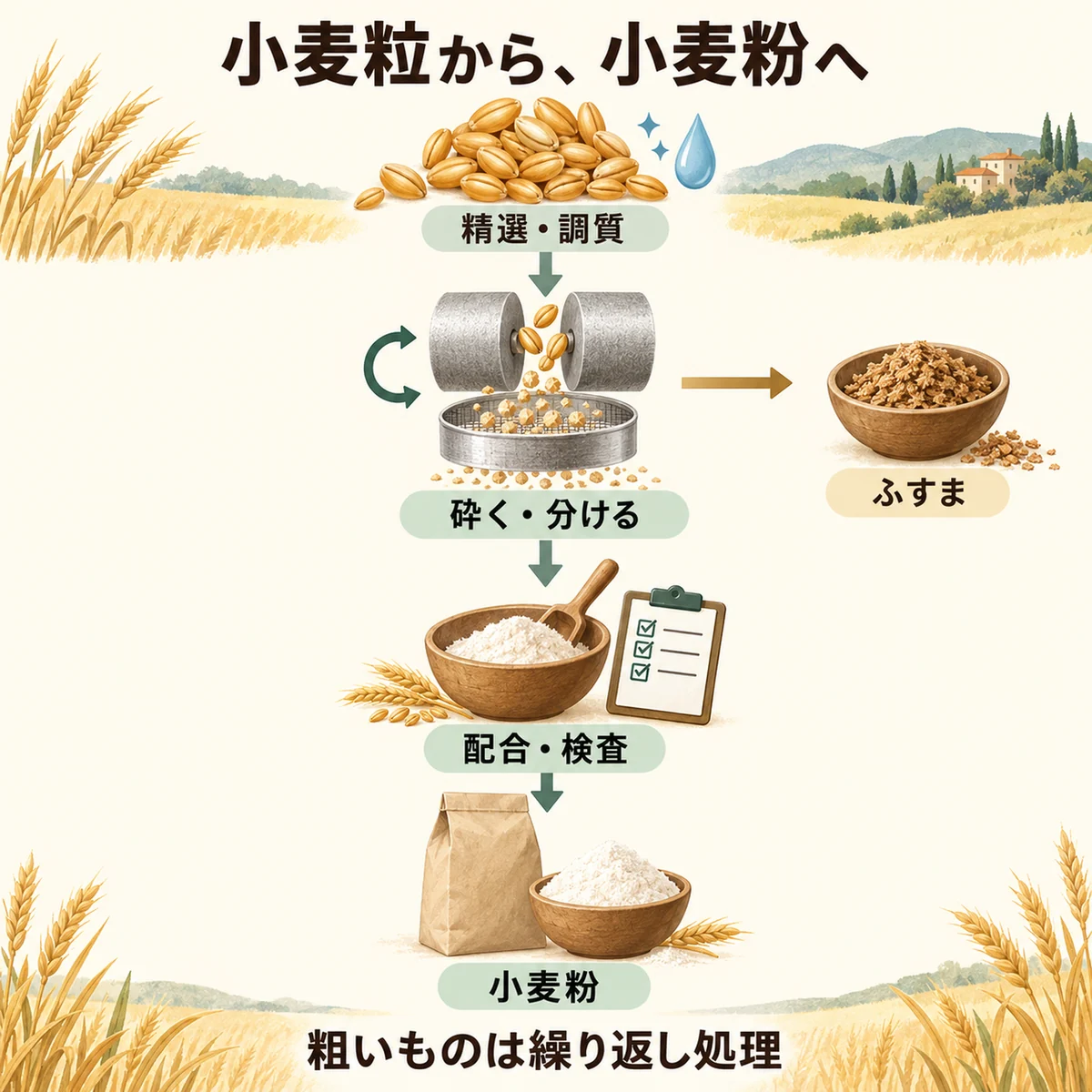 精選と調質から製粉を繰り返し配合と検査で仕上げ、ふすまを別に取り分ける図