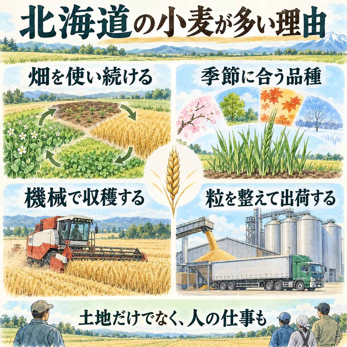 輪作、季節と品種、機械収穫、粒の出荷をまとめた四場面