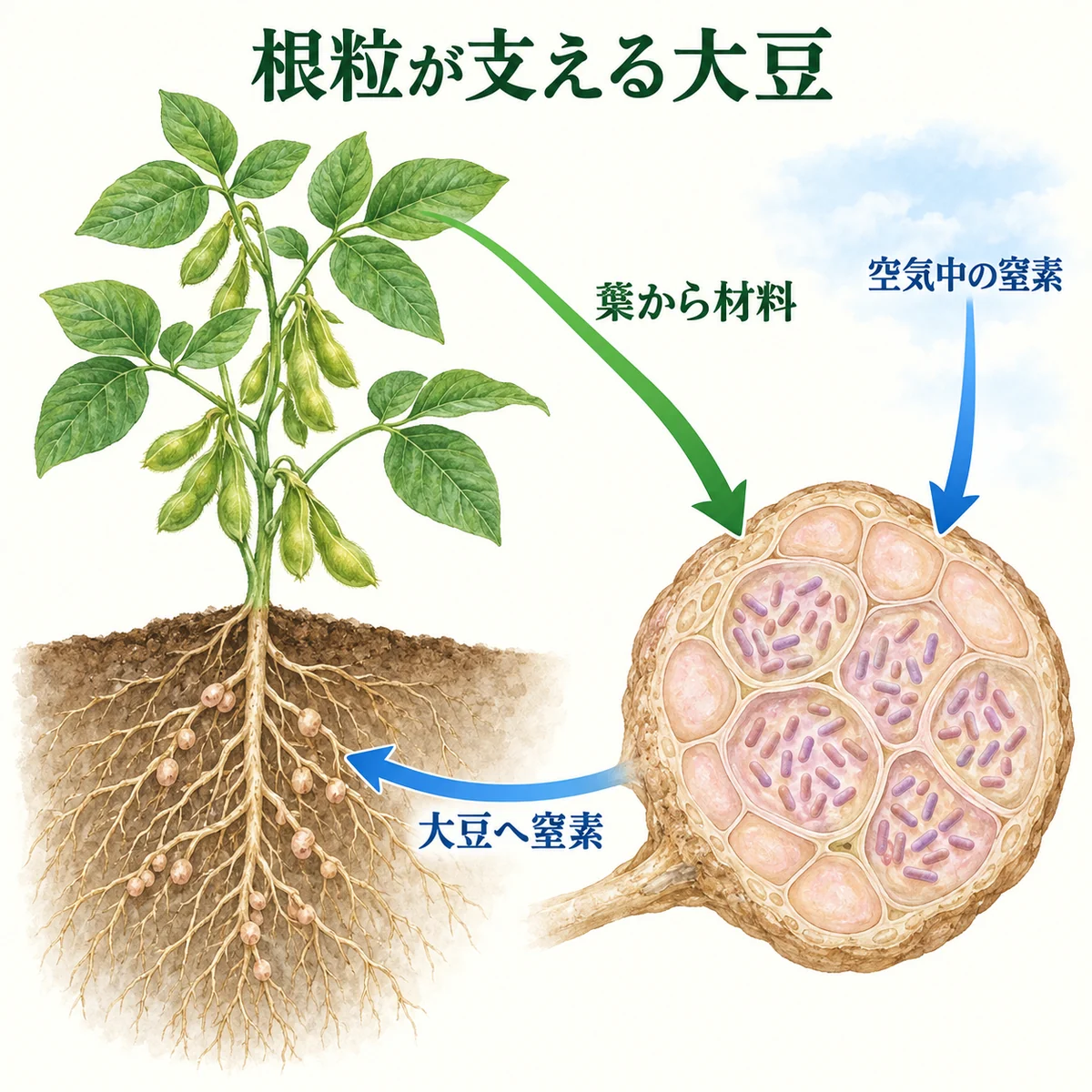 空気中の窒素を根粒菌が変え、大豆へ渡し、大豆は葉で作った材料を根粒へ送る全体の関係
