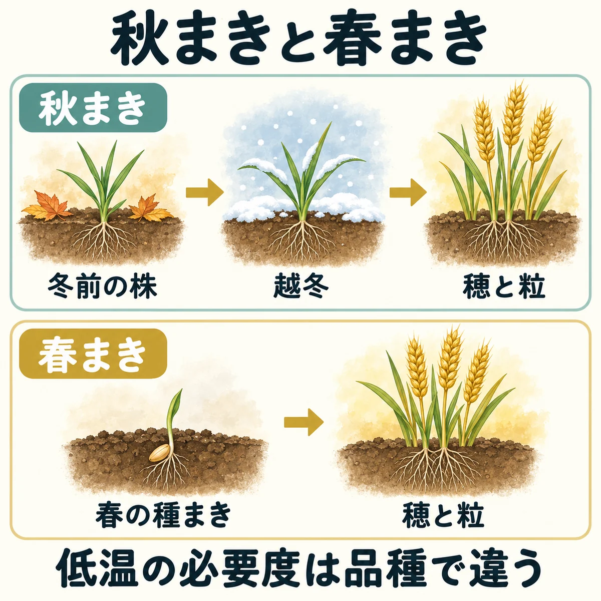 秋まきの冬前の株から越冬と穂・粒へ進む流れと春まきの種まきから穂・粒へ進む流れを比べた図