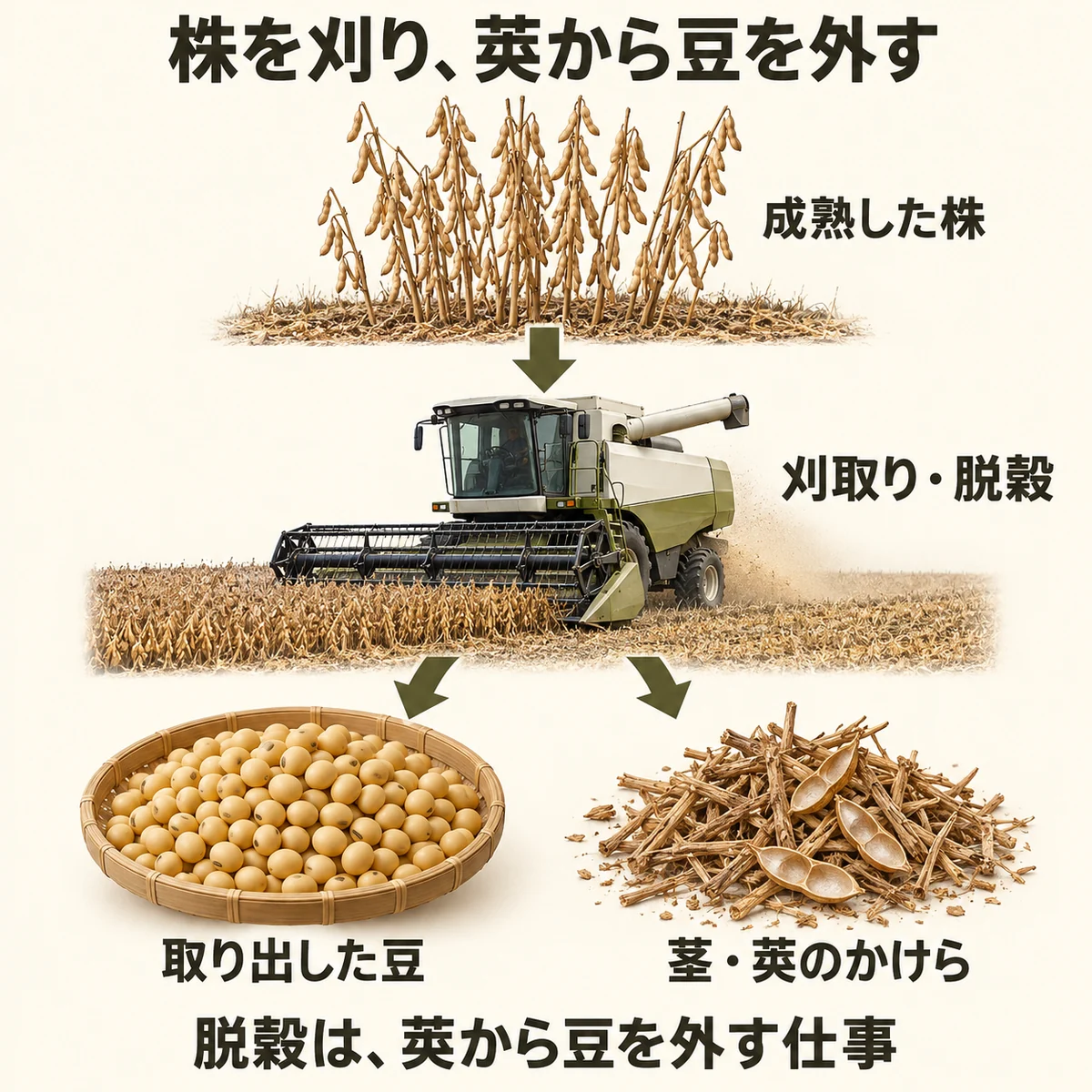 成熟した株からコンバインへ進み、取り出した豆と茎・莢のかけらへ分ける収穫図