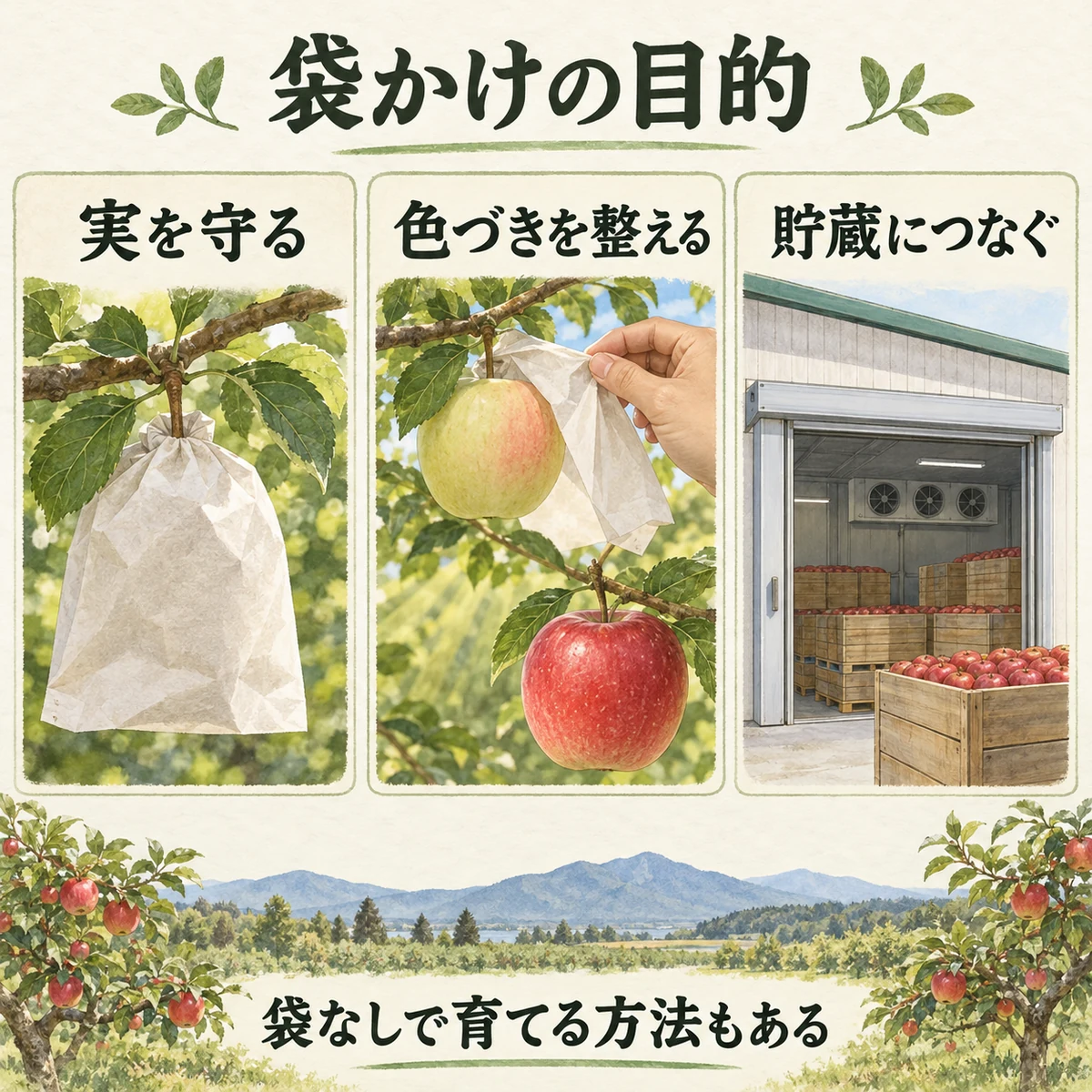実を守る、色づきを整える、貯蔵につなぐという袋かけの目的