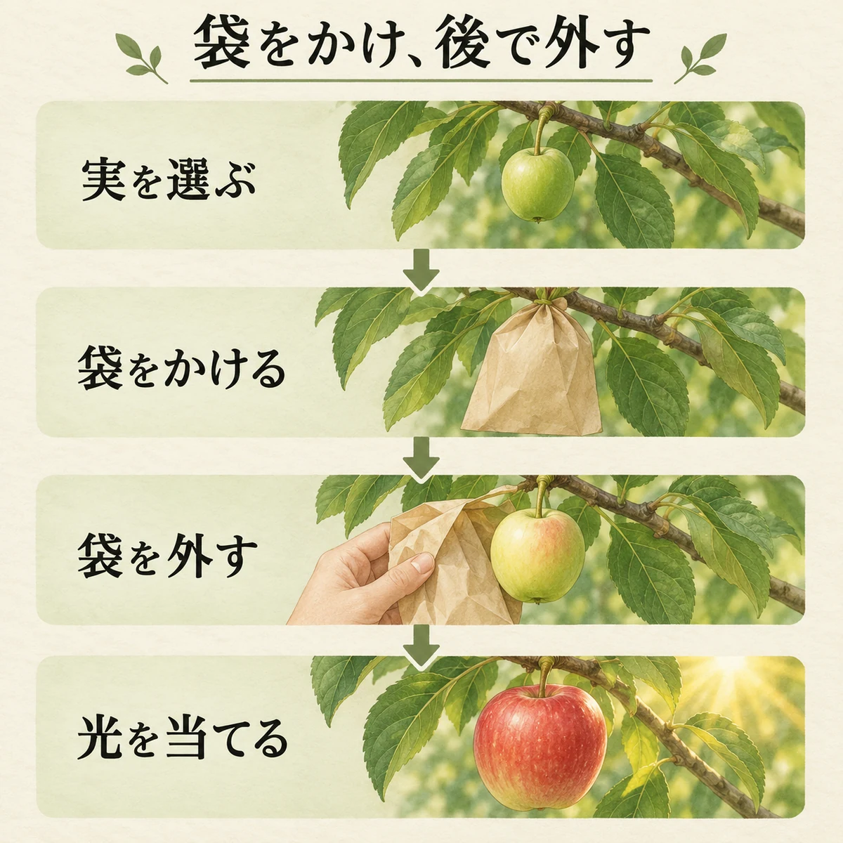 実を選ぶ、袋をかける、袋を外す、光を当てるの順