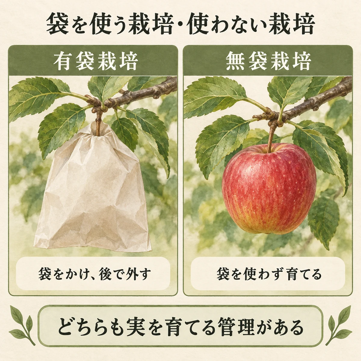 袋を使う有袋栽培と、袋を使わない無袋栽培の比較