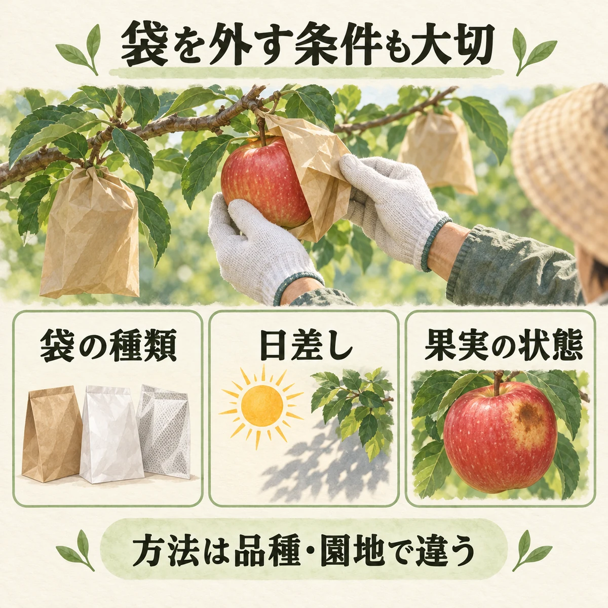 袋の種類、日差し、果実の状態を見ながら袋を外す生産者