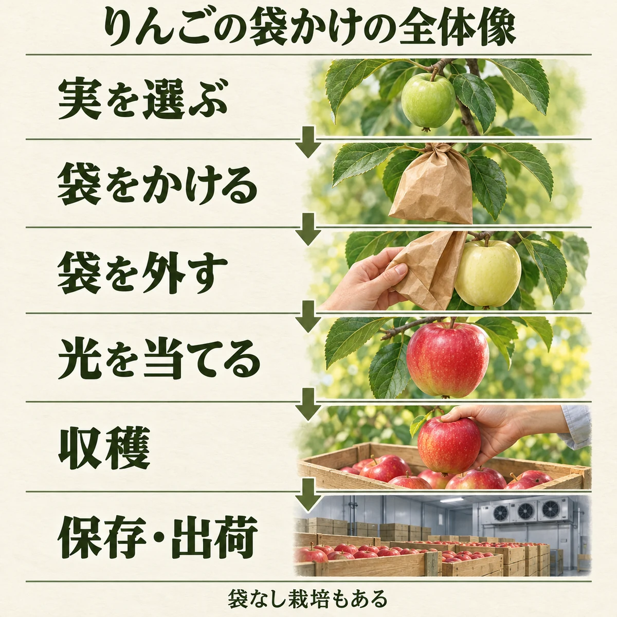 実を選んで袋をかけ、外して光を当て、収穫から保存と出荷へ進む