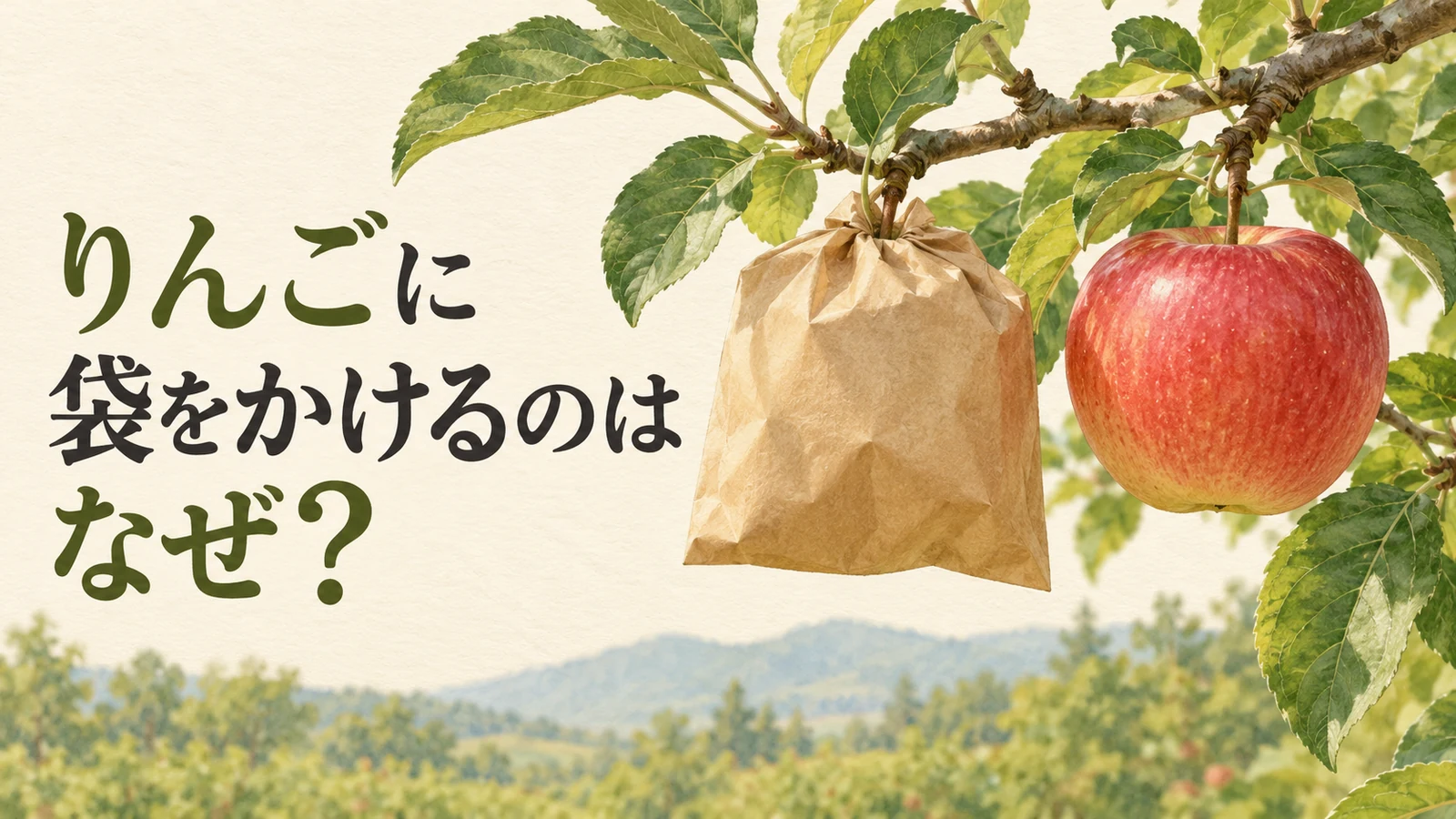 袋で包んだりんごと袋のないりんごが枝についた姿
