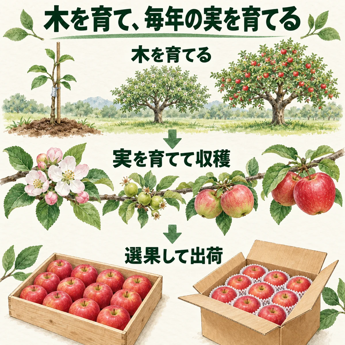 木を育てる準備、毎年の実と収穫、選果と出荷の三段階